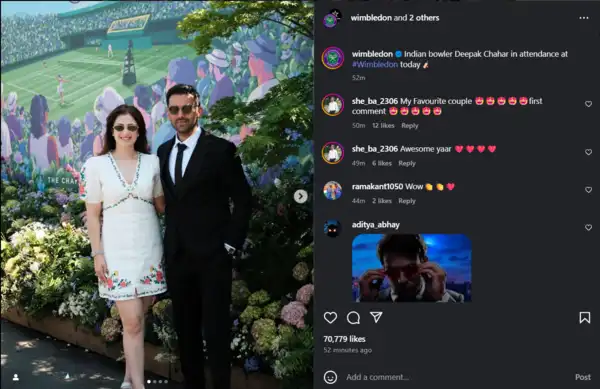 Deepak Chahar and Wife Join Cricket Stars at Wimbledon After Kohli's Appearance