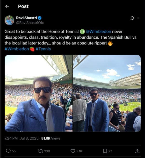 Ravi Shastri enjoys the tennis at Wimbledon